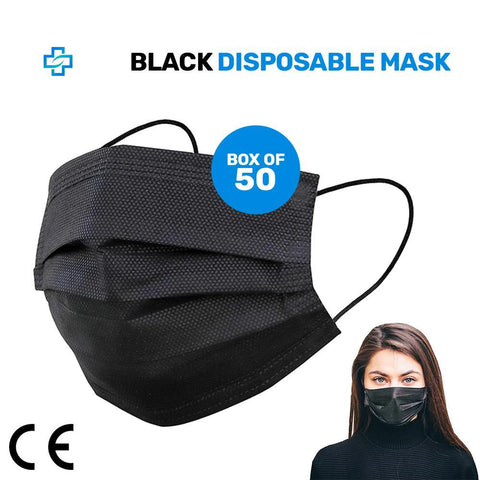 Pack of 50x BLACK MEDICAL Face Mask with CE Mark 3 ply