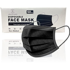 Pack of 50x Black Protective Disposable Face Masks 3 ply