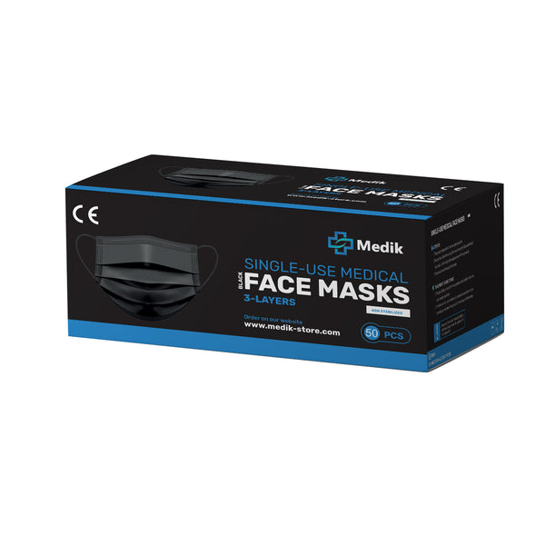Pack of 50x BLACK MEDICAL Face Mask with CE Mark 3 ply