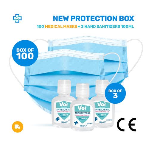 Protection box: 100x Medical Masks, 3x Hand Sanitizer 100 ML