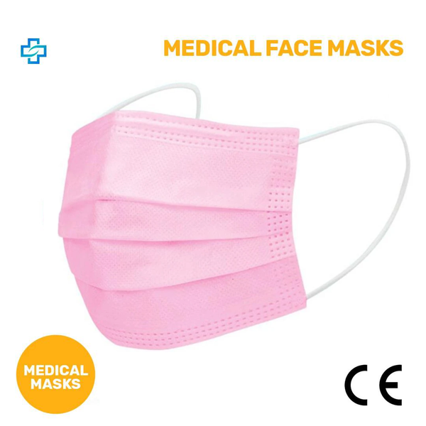 Pack of 50x PINK CE Mark Disposable Face Mask 3 ply