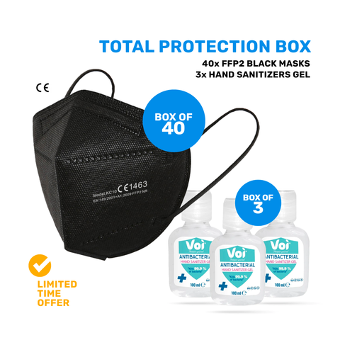 Total Protection Box: 40 Black FFP2 Masks + 4 Gel